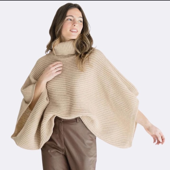 Tan Chunky Knit Turtleneck Poncho Sweater - Picture 1 of 5